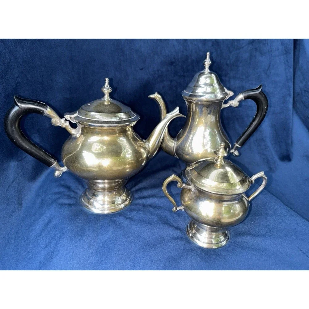 3-Piece Silverplate Tea/Coffee Set Teapot Coffee Pot Lidded Sugar Bowl Black